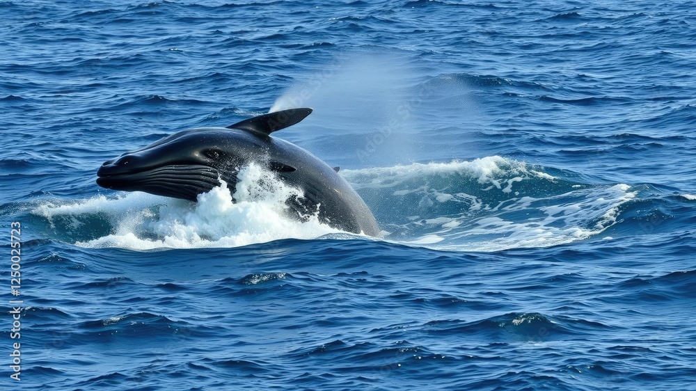 Fototapeta premium A whale's massive body breaches the surface of the water, creating a huge spray of seawater and ocean foam, marine life, surf, splash