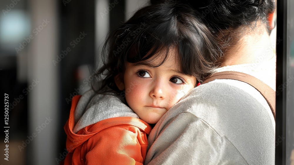 Obraz premium A tender moment between a child and an adult, showcasing affection and connection, with the child looking thoughtfully over the adult's shoulder.