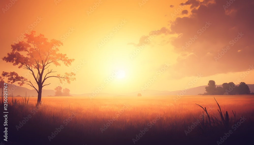 Naklejka premium Golden Hour Solitude: A Serene Sunset Landscape