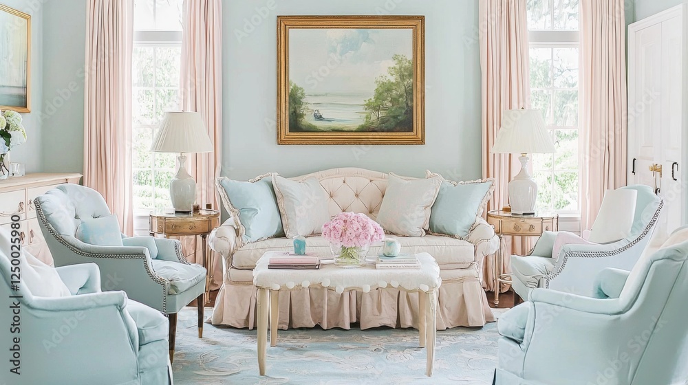 Fototapeta premium A beautifully decorated living room with pastel-colored furniture and an airy, relaxing ambiance. --chaos 20 --ar 16:9 --quality 2 --v 6.1 Job ID: e49ff847-4a83-430d-9662-3ac8f1a6cc9e