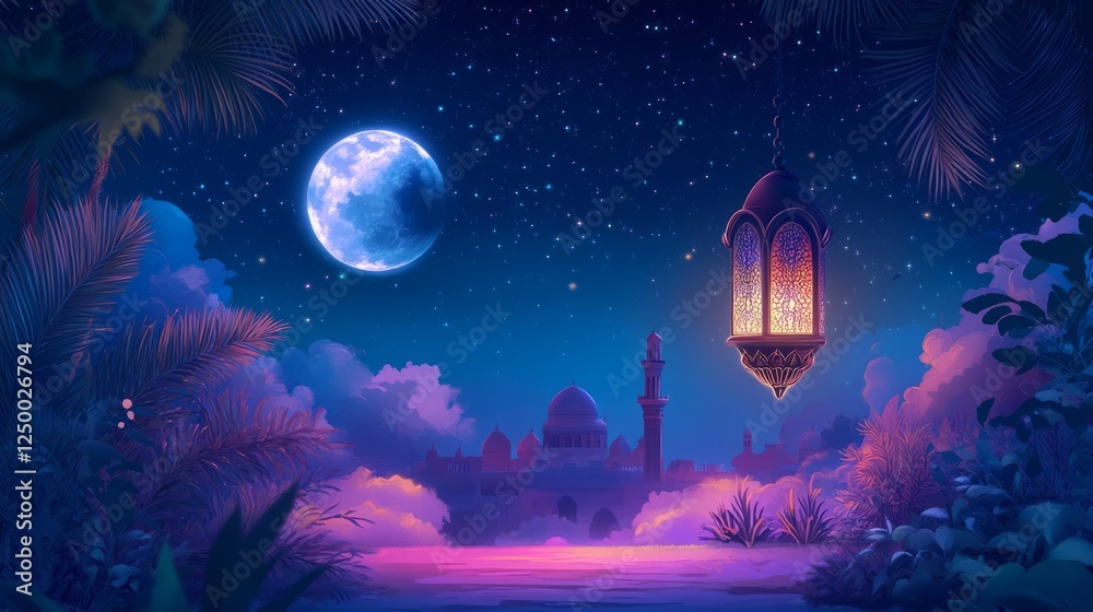 Naklejka premium Elegant Arabic Lantern with Intricate Metalwork and Warm Glowing Light on a Dark Background, Symbolizing Ramadan Kareem with a Peaceful and Festive Atmosphere, Perfect for Islamic Holiday Celebrations