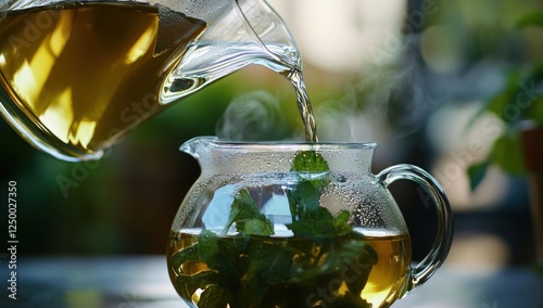 Pouring Hot Tea into a Glass Teapot with Fresh Mint