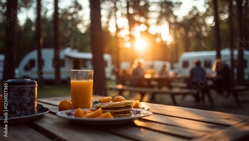 Golden Hour Camping Breakfast: Pancakes, Juice, and Forest Views