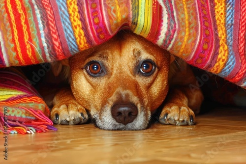 A dog peeks out from under a colorful blanket, displaying a curious yet cautious expression while resting on a wooden floor. photo