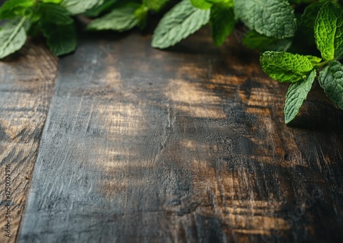 Fresh Mint Sprigs on Rustic Wooden Background
