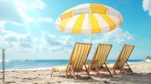 Serene beach scene with yellow striped beach chairs and umbrella