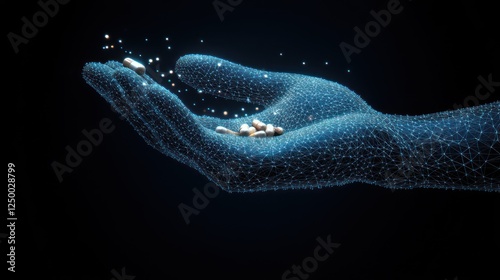 Digital hand holding pills, medical technology concept.