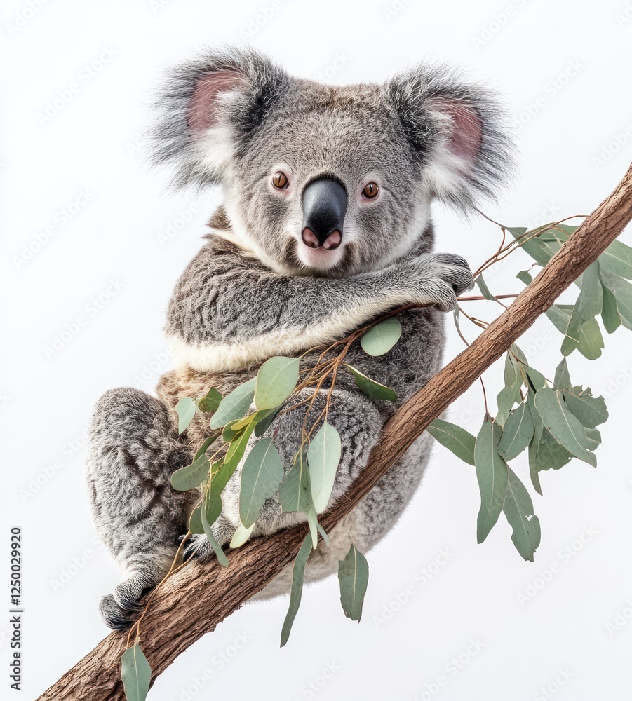 Fototapeta premium Koala sitting on eucalyptus branch, white background, wildlife, nature