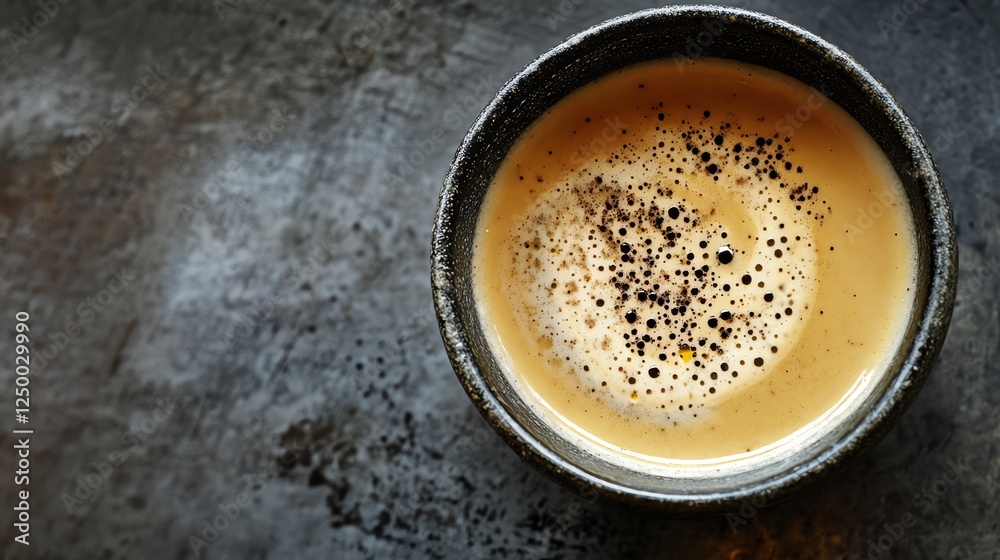 Creamy Coffee in a Rustic Cup on a Dark Surface Captures the Essence of a Cozy Cafe Experience Creamy Coffee in a Rustic Cup on a Dark Surface Captures the Essence of a Cozy Cafe Experience