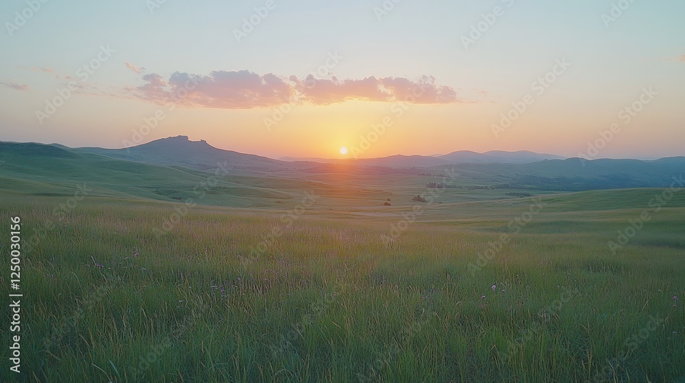 Obraz premium Sunset Prairie Landscape Rolling hills, golden hour, serene nature scene, travel poster