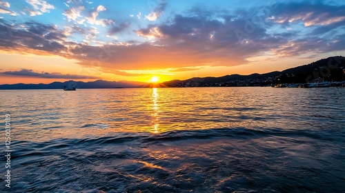 Stunning sunset over calm sea reflecting vibrant colors during twilight : Generative AI