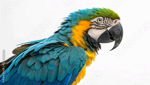 A stunning close-up of a blue-and-yellow macaw, showcasing its vibrant feathers and striking beak