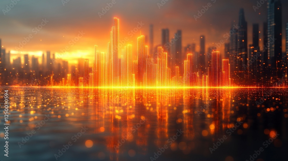 Fototapeta premium Rising Glowing Bar Graph Representing Financial Growth in Cityscape