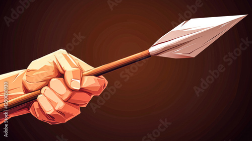 Spear Tip in Cartoon Hand, 3D Design on Dark Brown Background.
