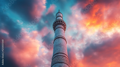 Minaret silhouette against a dramatic sky with colorful clouds during twilight hours.