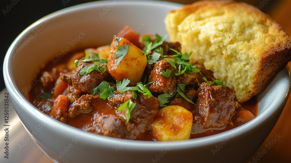 Hearty Beef Stew Served With Cornbread in a Cozy Kitchen Setting During Autumn Hearty Beef Stew Served With Cornbread in a Cozy Kitchen Setting During Autumn
