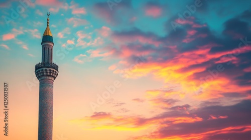 Minaret against vibrant sunset sky invoking tranquility and spirituality during twilight hour