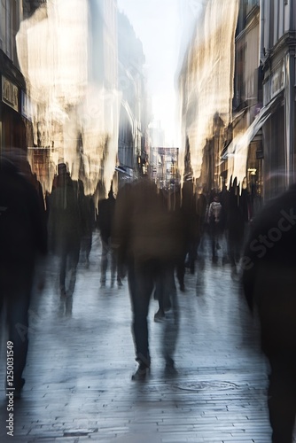 Dynamic blurred city street scene with people in motion : Generative AI photo