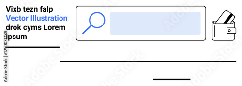 Magnifying glass in search bar, black and blue text on left, wallet with cards on right side. Ideal for web design, e-commerce, navigation, finance, technology user interface marketing. Landing