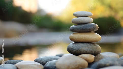 Smooth Balanced Stones Stacked on Each Other near Water Creating Zen Garden Aesthetic : Generative AI photo