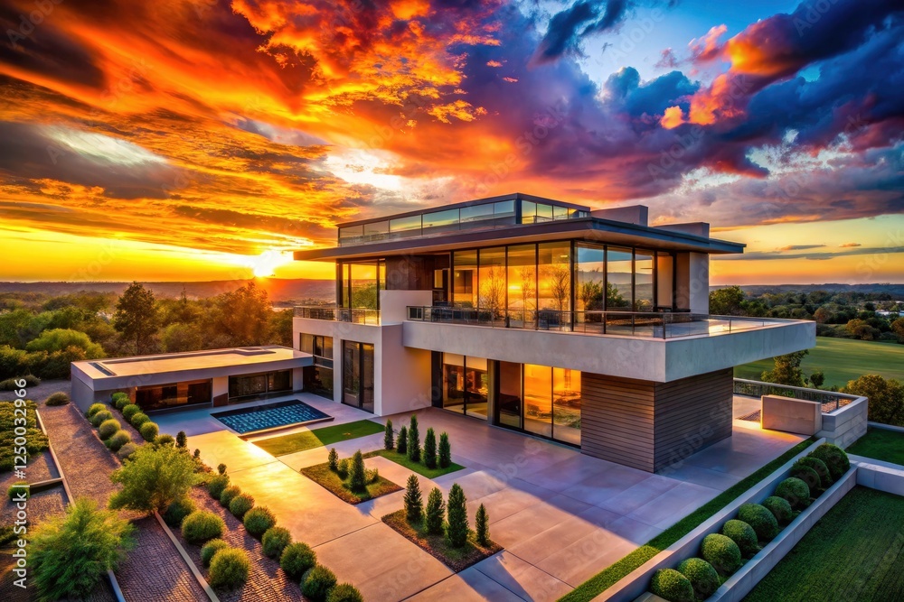 Fototapeta premium Captivating sunset views of a modern house's stunning architecture, landscape, and skyline.