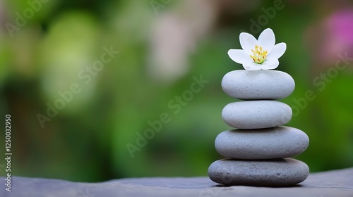 Zen Stone Stack with White Flower and Soft Green Background : Generative AI