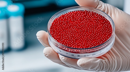 Hand Holding Petri Dish with Red Beads in Laboratory Environment