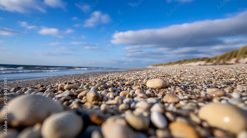 Close Up of Colorful Pebbles on Serene Beach Shoreline with Ocean Background : Generative AI Close Up of Colorful Pebbles on Serene Beach Shoreline with Ocean Background : Generative AI