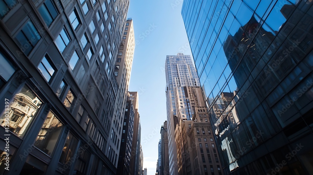 Naklejka premium Skyward View of Modern Skyscrapers Reflecting Light in an Urban Landscape : Generative AI