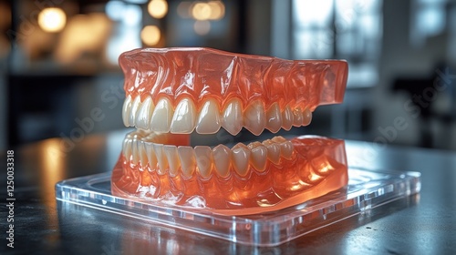 Anatomical model of human teeth and gums on a transparent base. photo