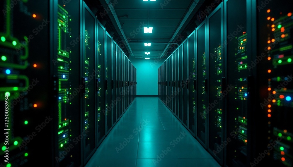 Futuristic Data Center Rows of Servers in a High-Tech Room with Green and Blue Digital Lighting Futuristic Data Center Rows of Servers in a High-Tech Room with Green and Blue Digital Lighting