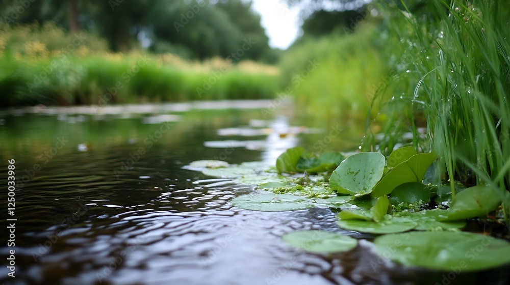 Obraz premium Lush Green Stream with Water Lilies and Reflections of Nature in a Serene Setting : Generative AI