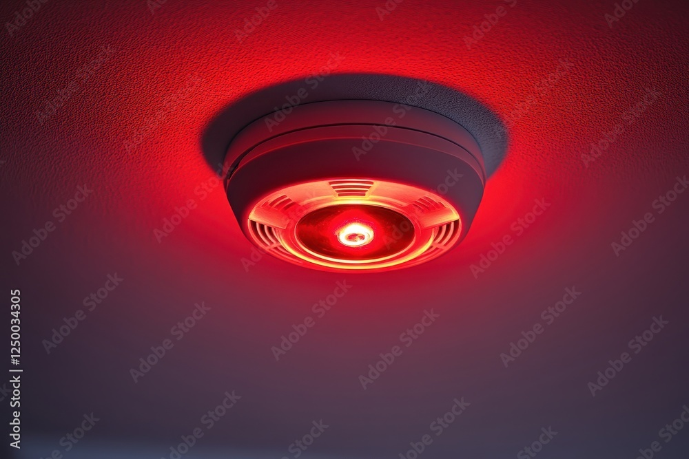 Close-up of a ceiling-mounted smoke alarm emitting a bright red light. Illustrates fire alarm activation and emergency situations. Close-up of a ceiling-mounted smoke alarm emitting a bright red light. Illustrates fire alarm activation and emergency situations.