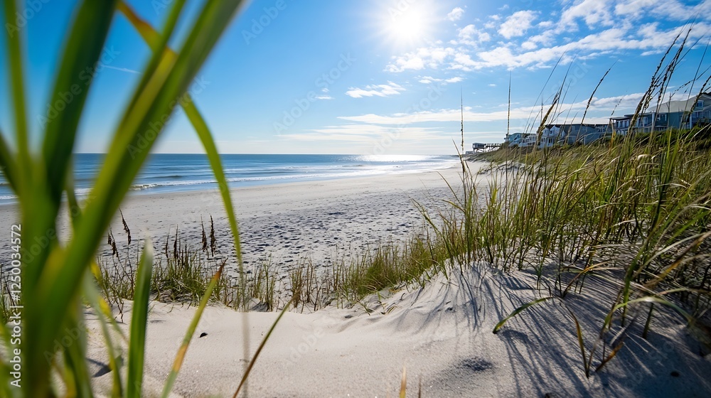 Serene Beach Landscape with Sunlight Reflecting on Calm Waters and Soft White Sand Dunes : Generative AI Serene Beach Landscape with Sunlight Reflecting on Calm Waters and Soft White Sand Dunes : Generative AI