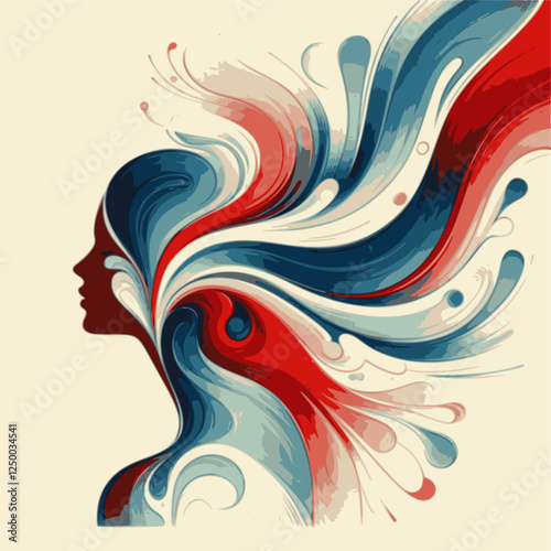 Stylized image of a woman with long wavy multi-colored hair. Beauty salon poster. Vector illustration. Multilayer SVG file without gaps between paths.