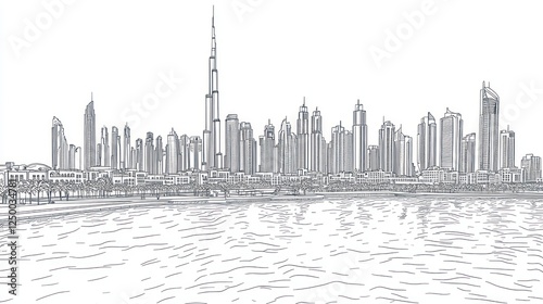Dubai skyline sketch, waterfront view, city buildings, travel guide