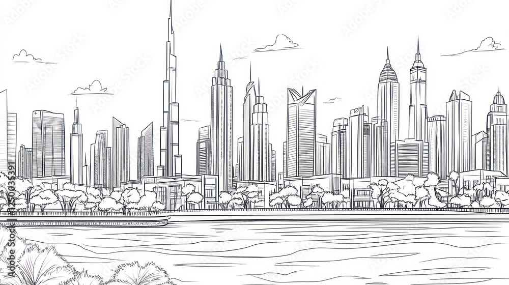Fototapeta premium Dubai skyline sketch, waterfront park, sunny day, travel brochure