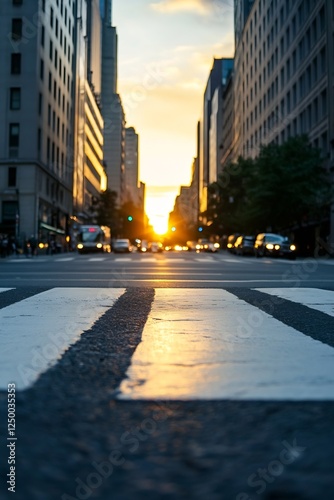 Urban sunset view from crosswalk on city street showcasing vibrant skyline and traffic movement : Generative AI