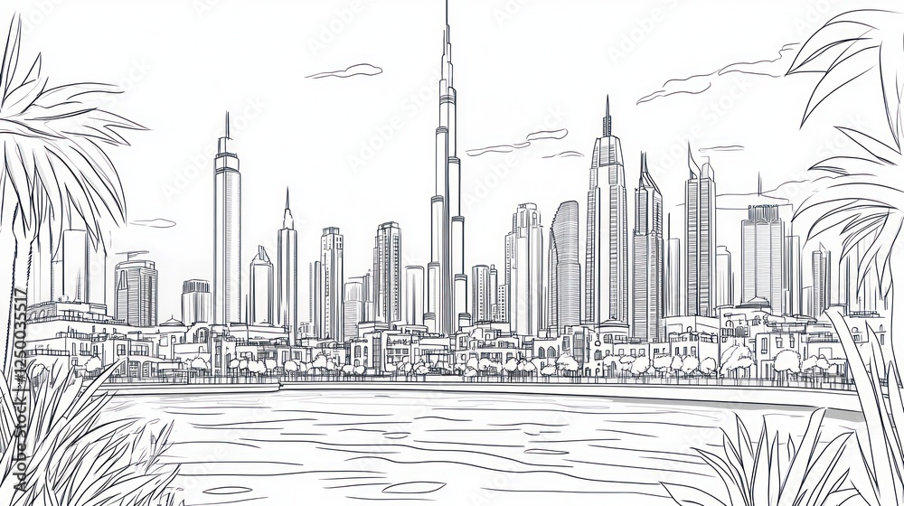 Fototapeta premium Dubai skyline sketch, waterfront view, palm trees, tourism brochure