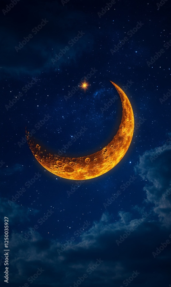 Golden crescent moon illuminating the night, serene celestial landscape with dreamy clouds and stars Golden crescent moon illuminating the night, serene celestial landscape with dreamy clouds and stars