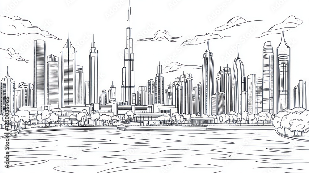Fototapeta premium Dubai skyline sketch, cityscape, waterfront, travel, illustration