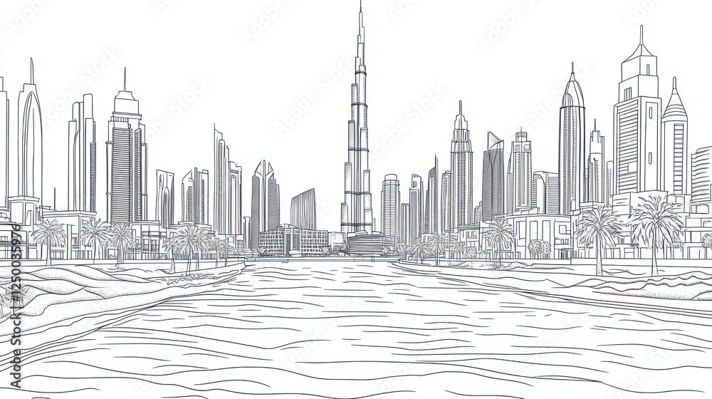 Fototapeta premium Dubai skyline, canal view, city, architectural sketch, tourism