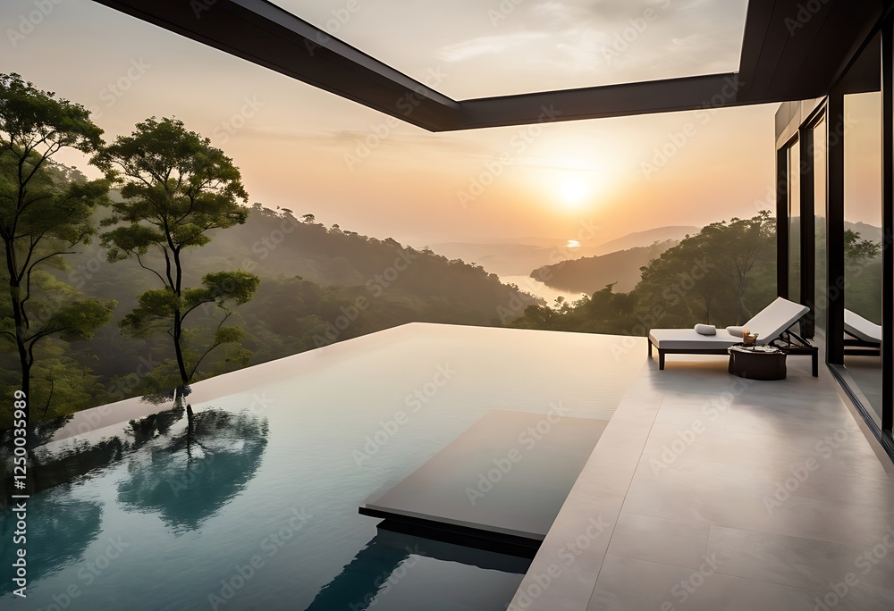 Fototapeta premium Luxurious Bedroom with Poolside View at Sunrise. Generative Ai