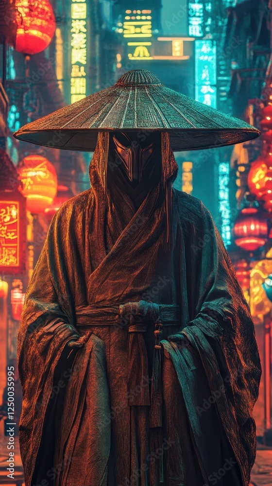 Naklejka premium Masked Figure in a Futuristic Asian Cityscape