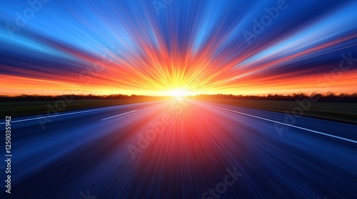 Vibrant Sunset Highway Radiating Light Beams and Colorful Sky