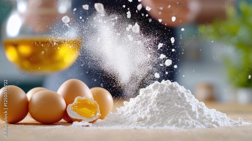 Eggs and Flour Exploding in Kitchen Setting Eggs and Flour Exploding in Kitchen Setting
