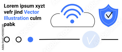 Cloud with wireless signal indicating connectivity, shield with checkmark for security, blue and black design elements. Ideal for cloud services, cybersecurity, data protection, internet safety