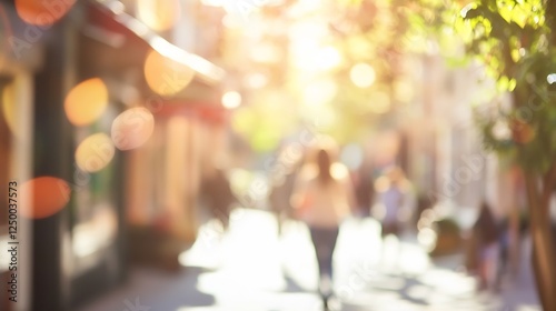 Warm sunlight casting soft bokeh over a blurred street filled with people and shops : Generative AI