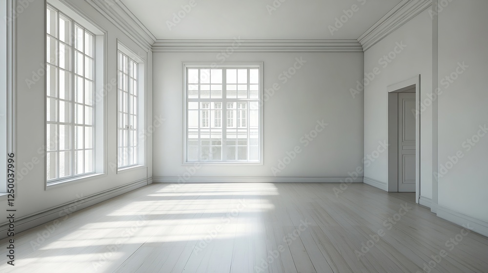 Fototapeta premium Bright Minimalist Empty Room With Natural Light And Large Windows : Generative AI