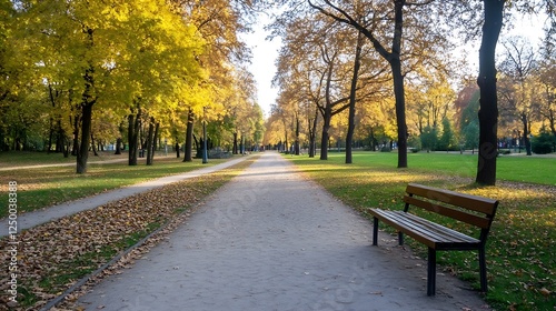 Charming autumn park pathway shaded by colorful trees and wooden bench : Generative AI